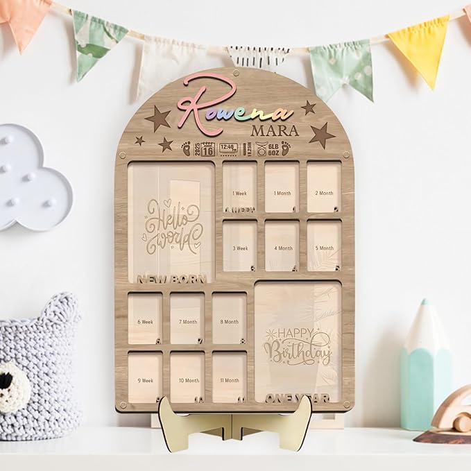 Baby’s First Year Photo Frame – Wooden 12 Months Picture Frame for Newborn Memories, My First Year Picture Board Wall Decor, One Year Baby Photo Display Keepsake