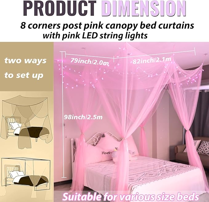 Lovelite Pink Bed Canopy with Lights for Girls, 8 Corners Post Canopy Bed Curtain with Pink LED Star Lights Remote Control for Girls Bedroom, Hanging Princess Canopy for Twin Full Queen King Bed