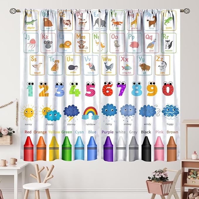 Kids Alphabet Curtains Cartoon Animal Funny Learning Colorful Educational Nursery Curtain with Rod Pocket for Bedroom Classroom Decor Drapes Window Treatments 2 Panels Set 63" W X 63" L