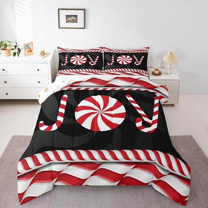 Kids Merry Christmas Comforter Set King Size,Holiday Joy Sweet Candies Bedding,Girls Boys Adults Bedroom/Xmas Cabin Decor,Wave Geometric Retro Down Comforter,Red Black Duvet Insert,2 Pillowcases