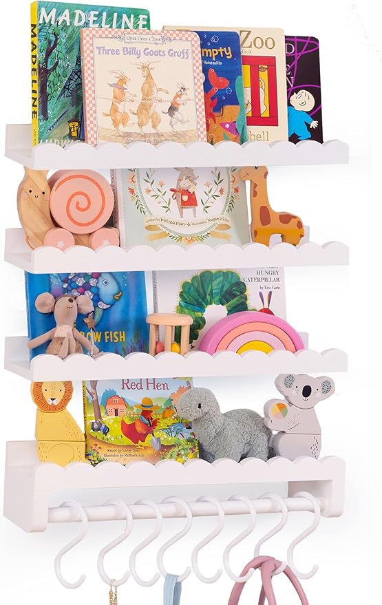 Nursery Book Shelves, Scalloped Shelves, 4-Pack White Set with 1 Hanging Rod and 8 S-Hooks for Kids’ Rooms and Baby décor