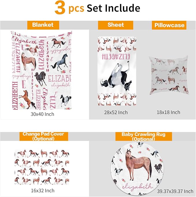Custom Crib Bedding Set - Horse Design Personalized Name Baby Nursery Bedding 3 Pcs Set - Chic Soft Blanket, Sheet, Pillowcase for Newborns Boys Girls Gifts Color10