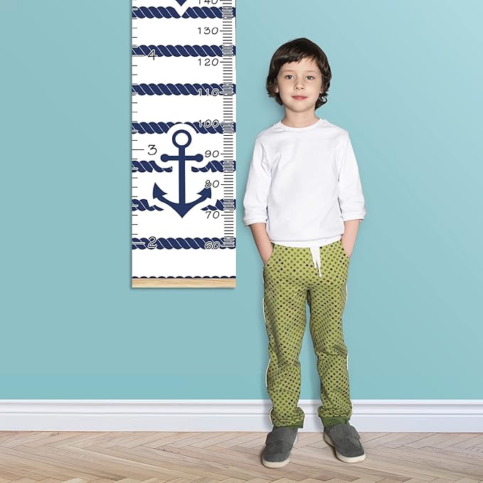 Kids Growth Chart Ruler for Wall Wood Frame Height Measure Chart 13.4x56 in Linen Hanging Height Growth Chart Anchor Blue and White Stripes Pattern Kids Room Decor