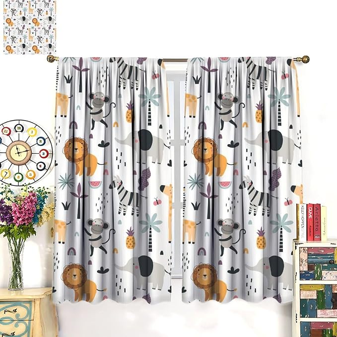 Cute Cartoon Animals Curtains Tropical Jungle Animals Elephant Giraffe Monkey Lion Modern Abstract Aesthetics for Kids Boys Bedroom Nursery Rod Pocket Decoration Window Drapes 2 Panels W31.5xL72in
