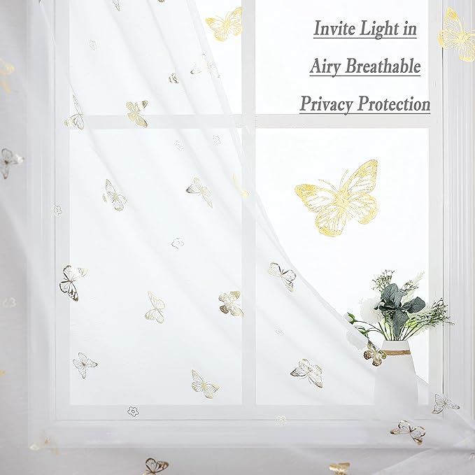 Jubilantex Butterfly White Sheer Curtain Panels for Kids Nursery Girl, Gold Print Toddler Linen Textured Voile Rustic Rod Pocket Drapes 63 Inch for Farmhouse, Living Room, Bedroom, 2 Panels