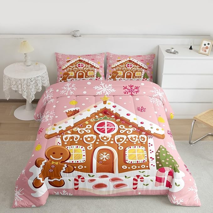 Feelyou Christmas Gingerbread Bedding Set Soft for Boys Girls,Gingerbread House Comforter Set Queen Winter Holiday Decor Duvet Quilt Cute Snowflake Room Decor Pink Decor 3 Pcs with 2 Pillow Cases