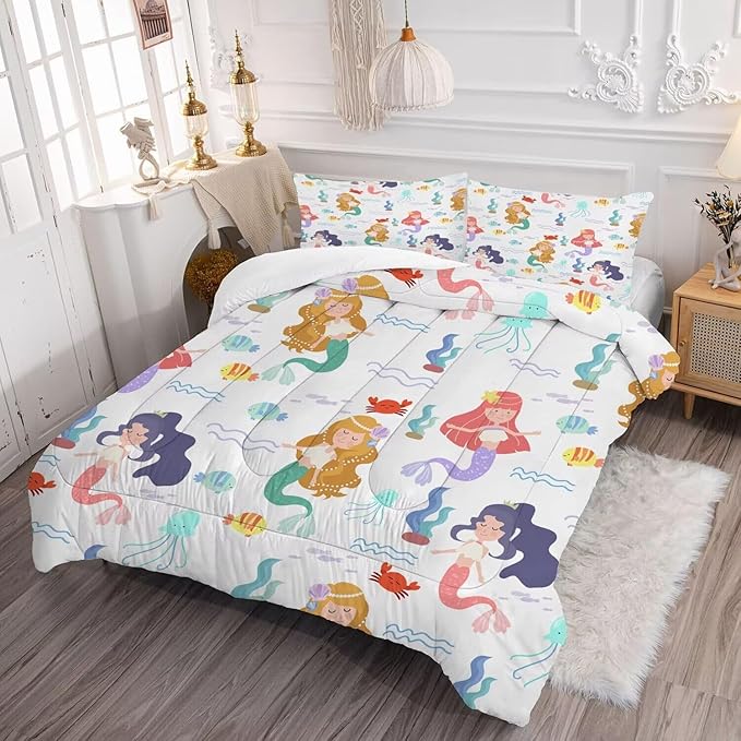 kxry Little Mermaid Princess Comforter Set Queen Size Fairy Tale Sea Shell Grass Bedding Sets for Girls Teens Kids Soft Microfiber Lightweight Comforter Set with 1 Comforter + 2 Pillow Cases