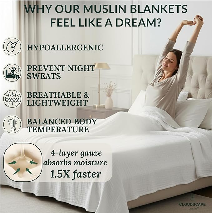 Cloud Scape Linen 4 Layer Oversized Muslin Blanket King Size - 100% Cotton, Weighted and Breathable All Season, Winter Blanket for Bed, Best Gift for Christmas, fits California King, 92x108, White