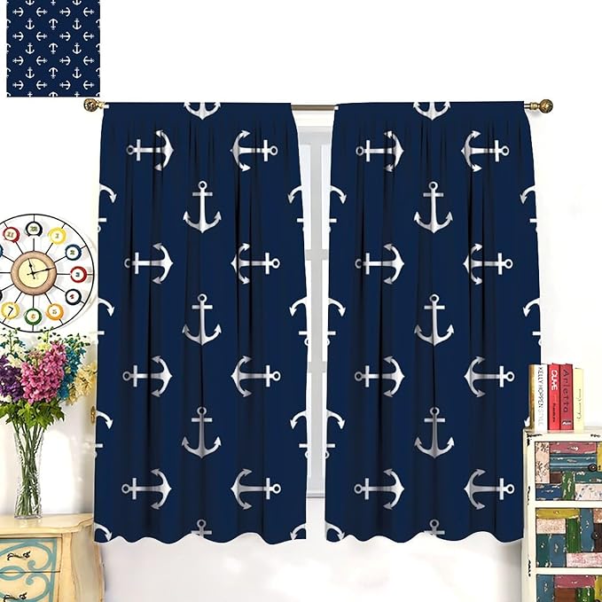 Nautical Curtains,MarineThemed Oceanic Anchor Pattern Blackout Print Home Bedroom Living Room Window Treatments 2 Panel Set 42x45 Inch
