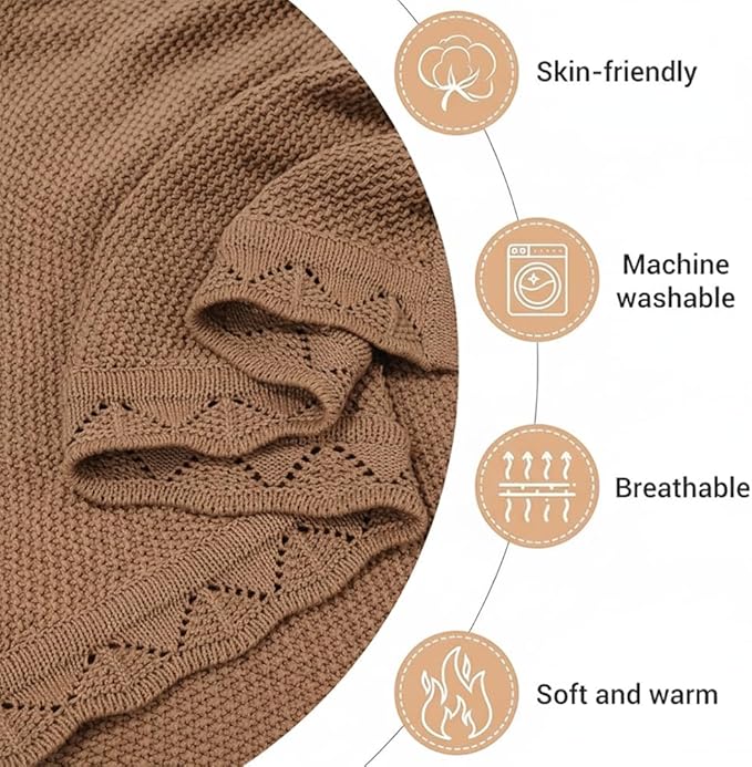 Baby Knit Blanket Soft Breathable Cotton Scallop Border Blankets Newborn Knitted Blanket Swaddle Blankets Gifts for Baby Newborn Toddler Shower Boy Girl New Mom Birthday Christmas Mocha 28x36