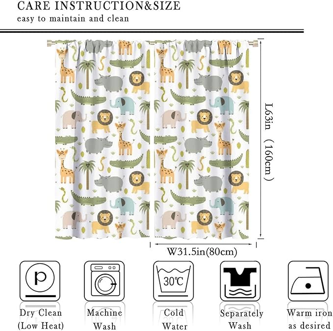 Nursery Safari Animals Window Curtains,Cartoon Woodland Jungle Forest Lion Elephant Giraffe Printed Pattern Blackout Drapes for Living Room Baby Boy Kids Bedroom 63x63in