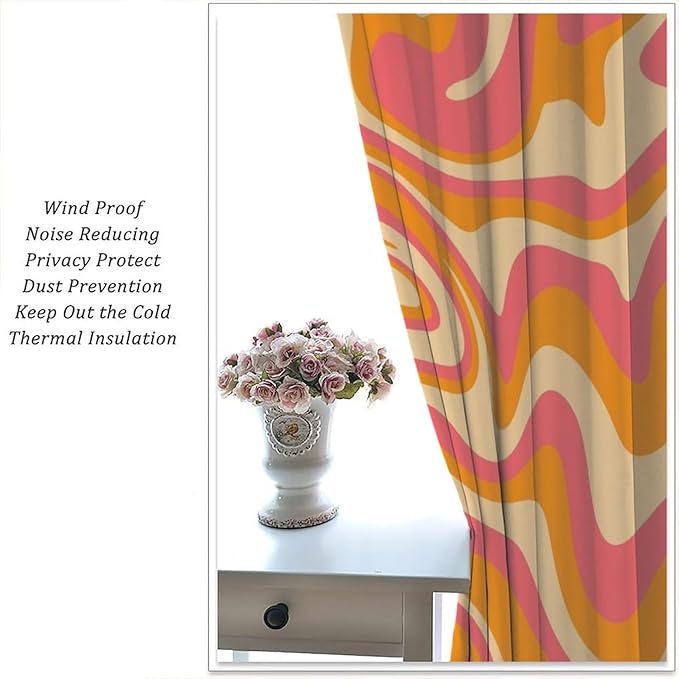 Abstract Wavy Swirl Curtains,60s 70s Groovy Aesthetic Retro Boho Orange Pink Abstract Curtains for Girls Bedroom Living Room Window 63"" W X 72"" L, Style-2
