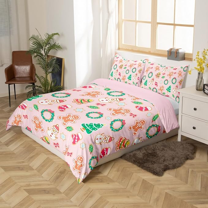 Christmas Comforter Cover Cartoon Snowman Christmas Tree Bedding Set Gingerbread Man Xmas Theme Duvet Cover for Kids Boys Girls Microfiber Pink Bedspread Cover Room Decor Bedclothes Queen Size