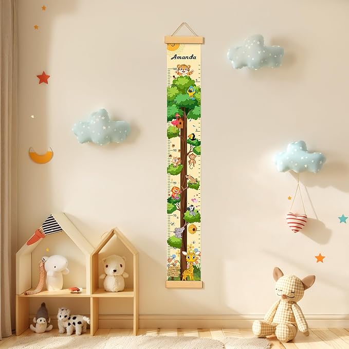 Personalized Name Growth Chart for Wall, Painted Tree Animals Canvas Height Chart for Kids Baby Child Toddler, Canvas Growth Chart for Wall Nursery Decor, Hangable & Waterproof