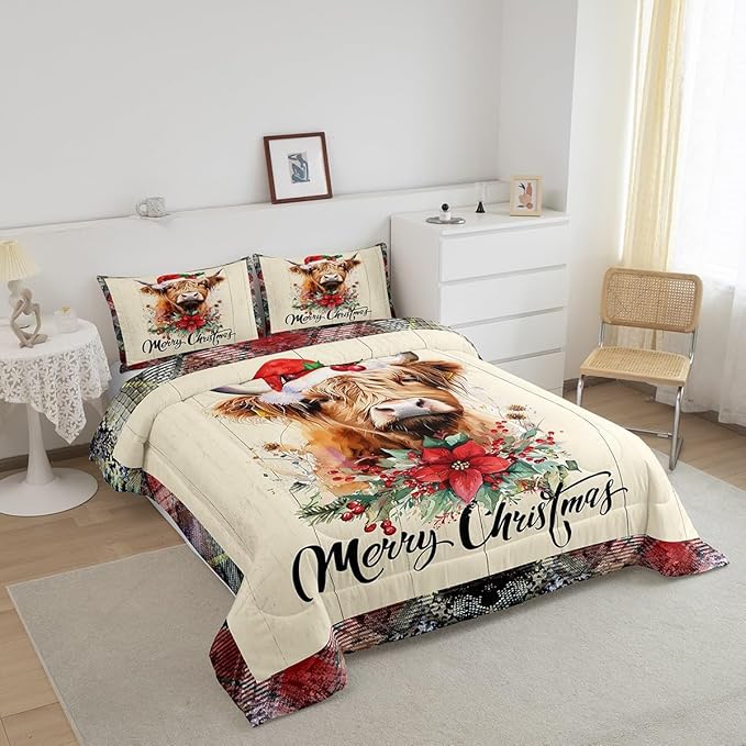Highland Cattle Full Size Comforter Set,Merry Christmas Flowers Pine Trees Bedding Comforters Bedroom Collection,Rustic Farmhouse Wooden Grid Plaid Bedding Set for Girls Teens