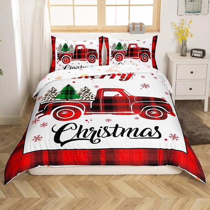 Xmas Truck Duvet Cover Set Queen Size, Christmas Tree Snowflake Print Bedding Set 3pcs for Kids Boys Girls Bedroom Decor, New Year Theme Red Plaid Print Comforter Cover with 2 Pillowcases,No Comforter