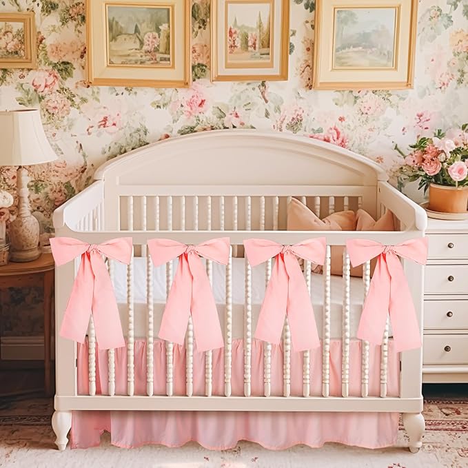Pink Crib Bed Skirts with 4 Large Cot Bow 28" x 52" Baby Crib Skirt for Boys Girls Nursery Toddler Bed Skirt Dust Ruffle 14" Drop, Double Layer