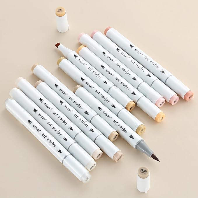 SFAIH Skin Tone Alcohol Markers Brush & Chisel - 11 Light Portrait Colors+Mixed Color 0, Blendable & Refillable Permanent Art Markers for Adults/Teen/Artists/Creators & Illustrators