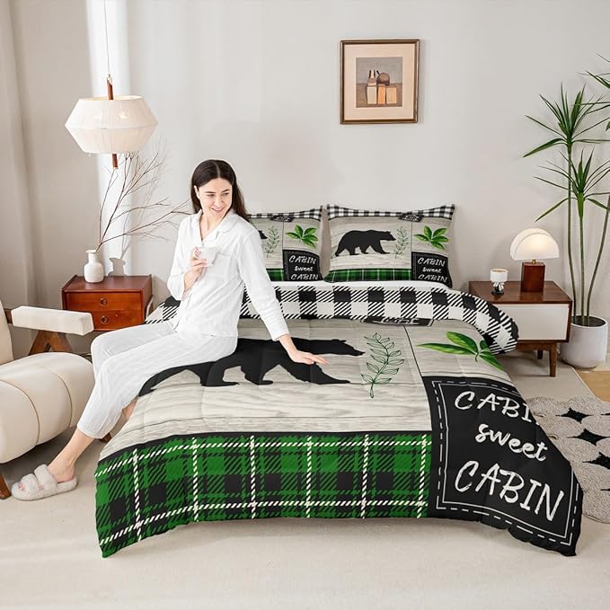 Bear Silhouette Kids Comforter Set Twin Size,Leaves Wooden Plank Bedding,Girls Boys Adults Bedroom/Xmas Cabin Decor,Geometric Grids Retro Down Comforter,Rustic Farmhouse Duvet Insert,1 Pillowcase