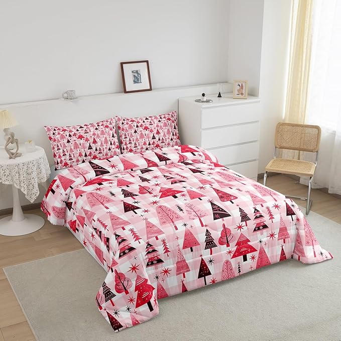 Manfei Cartoon Tree Comforter Set Twin Size, Christmas Theme Bedding Set 2pcs for Kids Girls Adults Bedroom Decor, New Year Pink Plaid Down Comforter Soft Polyester Quilt Set with 1 Pillowcase