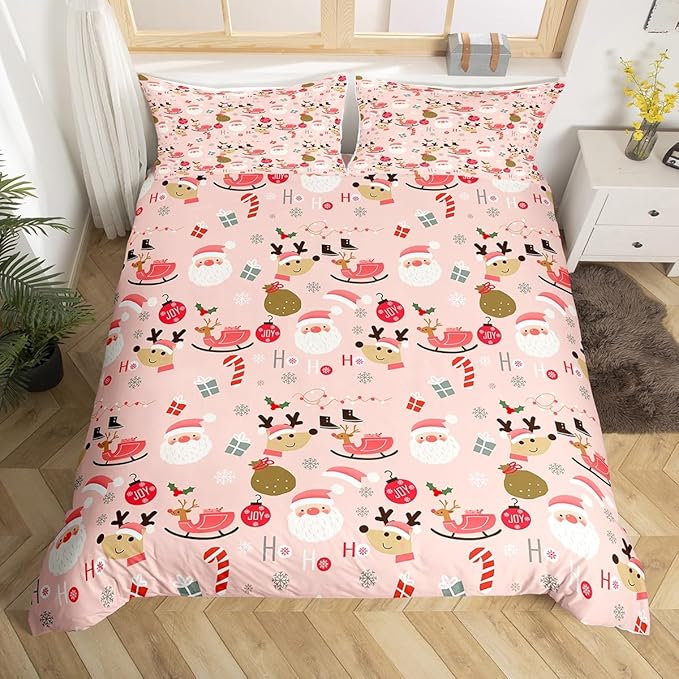 Manfei Christmas Duvet Cover Set Full Size, Santa Claus and Reindeer Bedding Set 3pcs for Kids Girls Adult, New Year Theme Comforter Cover Soft Polyester Quilt Cover with 2 Pillowcases,No Comforter