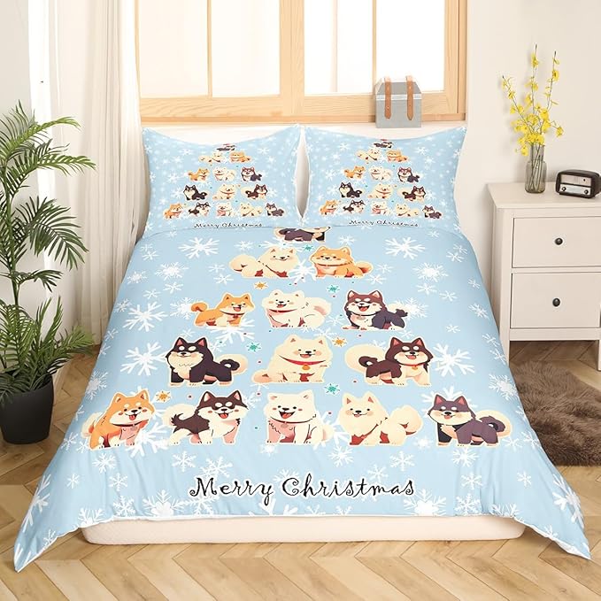 Manfei Xmas Tree Duvet Cover Set Twin Size, Cute Christmas Dogs Print Comforter Cover with 1 Pillowcase, New Year White Snowflake Print Bedding Set 2pcs for Kids Boys Girls Bedroom Decor,No Comforter