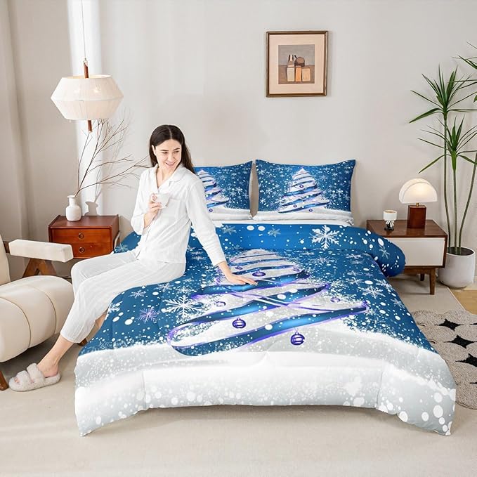 Feelyou Merry Christmas Kids Comforter Set King Size Christmas Tree Bedding Set Snowflake Duvet Quilt for Kids Boys Girls Bedroom Winter Decor Microfiber Ultra Soft Breathable