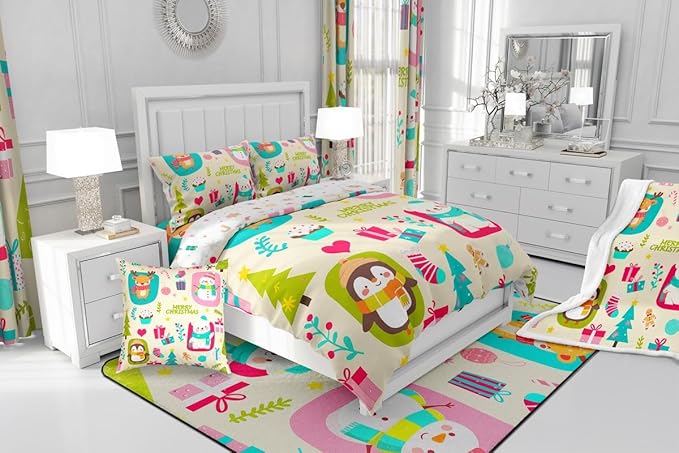 Erosebridal Merry Xmas Comforter Set Twin Size Christmas Tree Quilt for Kids Boys Girls Cartoon Penguin Bear Bedding Set Cute Deer Elk Duvet Insert with 1 Pillow Case