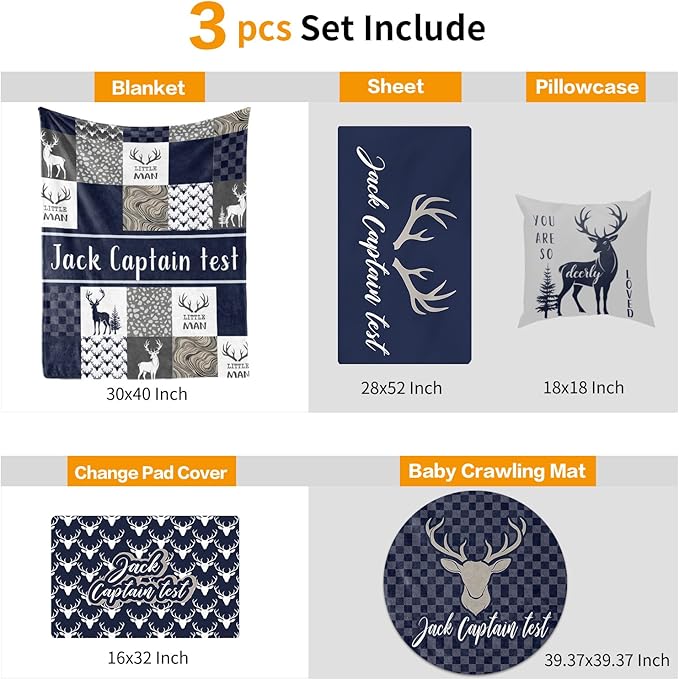 Custom Crib Bedding Set - Deer Design Personalized Name Baby Nursery Bedding 3 Pcs Set - Chic Soft Blanket, Sheet, Pillowcase for Newborns Boys Girls Gifts Color03