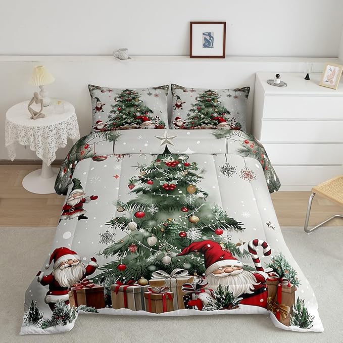 Merry Christmas Comforter Set Twin Size,Christmas Tree Snowflake Bedding Set for Kids Boys Girls Room Decor,Santa Claus X'Mas Theme Quilt Set 2Pcs,Star Polka Dot Glitter Duvet Insert,1 Pillowcase