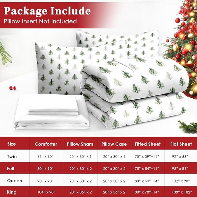 7 Pcs Queen Size Christmas Comforter Set with 2 Pillowcases & 2 Shams, Nature Simple Pine Tree Bedding for Kids and Adults, Winter Merry Xmas Bed in a Bag with Flat Fitted Sheet