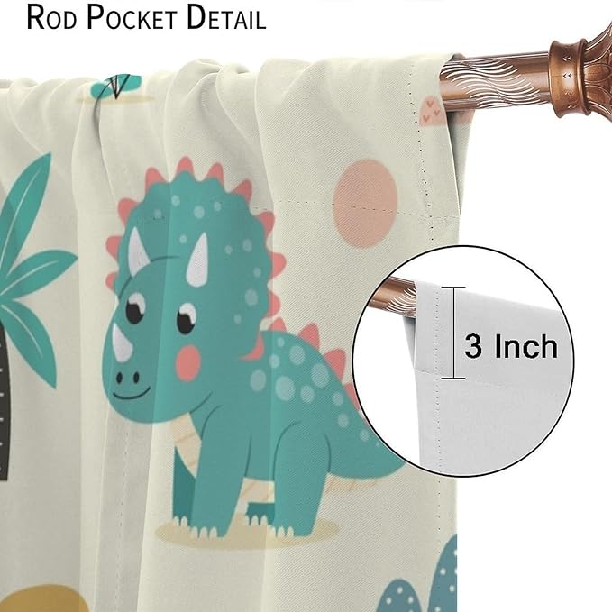 Fun Dino Curtains, Cute Colorful Dinosaur Pattern Blackout Window Treatments, Rod Pocket Thermal Insulated Drapes 2 Panel Sets for Children Boys Bedroom Nursery Classroom, 55" W X 63" L