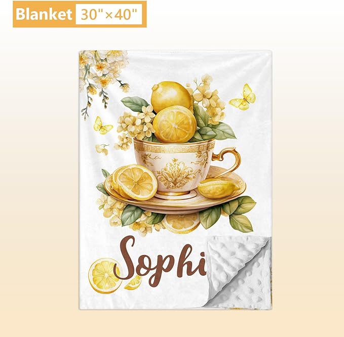 Personalized Baby Crib Bedding Set, 5 Pcs Custom Name Nursery Bedding Set, Lemon Tea Baby Bedding Set for Girls Boys, Double Layer Flannel Baby Crib Set, Toddlers Kids Infants Customized Gifts