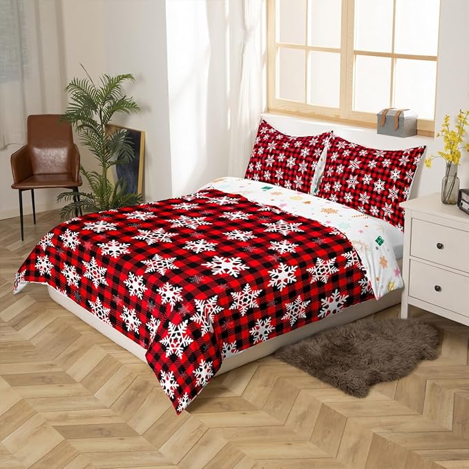 Christmas Kids Bedding Set Snowflake Xmas Theme Bedding Duvet Cover Set for Boys Girls Red Black Buffalo Check Decor Comforter Cover Set New Year Bedspread Cover Bedroom Quilt Cover 2Pcs Twin Size