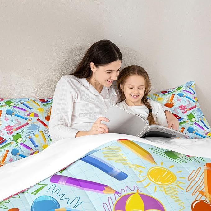 Feelyou Kids Cartoon Pencil Comforter Set Queen Size, Colorful Nursery Bedding Set Cute Crayon Comforter for Kids Boys Girls Funny Art Printed Duvet Set Durable Bed Set 3Pcs