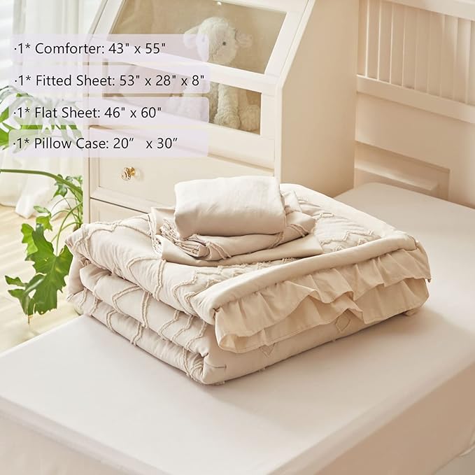 AIKASY Toddler Bedding Set 4 Pieces Super Soft Comforter Set, Shabby Boho Bohemian Design for Boys and Girls（Ruffle Fringe Comforter, Flat Sheet, Fitted Sheet and Pillowcase）- Khaki