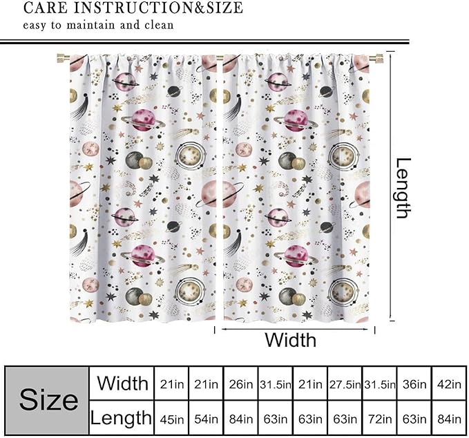 Kids Outer Space Curtains, Cartoon Galaxy Planet Universe Starry Starts Printed Window Drapes for Boys Girls Teens Bedroom Nursery 42" W X 45" L