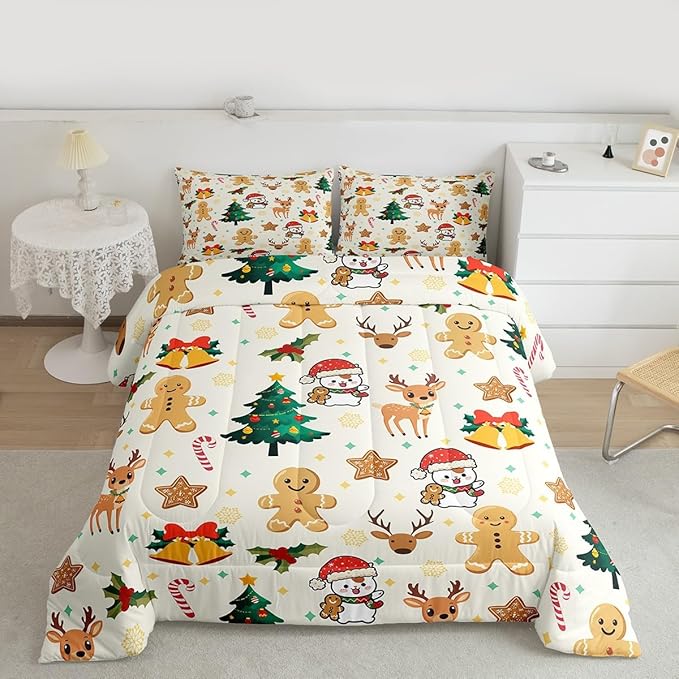 Feelyou Merry Christmas Kids Comforter Set Queen Size Gingerbread Man Bedding Set Cute Deer Duvet Quilt for Kids Boys Girls Bedroom Christmas Tree Decor Microfiber Ultra Soft Breathable