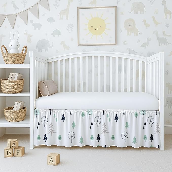 Cottington Lane Crib Skirt Dust Ruffle, 100% Natural Cotton, Soft, Durable Nursery Crib Toddler Bedding Skirt for Baby Girls or Boys, Fits Standard Cribs 28" x 52" with 14" Drop, Winter Forest