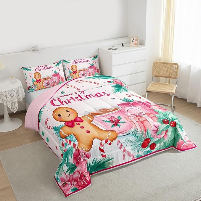 Feelyou Gingerbread Man Kids Comforter Set Twin Size Merry Christmas Bedding Set Christmas Decor Duvet Quilt for Kids Boys Girls Bedroom Xmas Decor Microfiber Ultra Soft Breathable