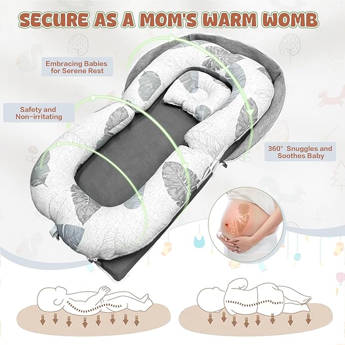3-in-1 Baby Lounger Nests for Newborn, Foldable Infant Tummy Time Mat & Seated Support for 0-24M, Breathable Portable Baby Essentials Adjustable Soft Cotton Floor Seat for Home & Travel -Leaves
