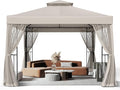 10x10 Outdoor Gazebo Tent with Netting and Corner Shelves, Double Roof Patio Gazebo with Soft Fabric Top, Outdoor Pavilion for Backyard Patio Garden Lawn, Beige