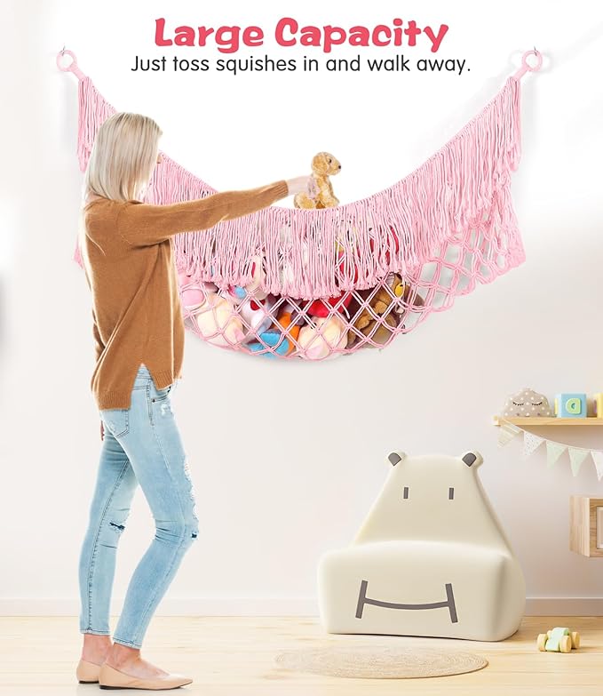 Stuffed Animal Hammock - Extra Large 56'' Long, Stuffed Animal Storage, stuffed animal Holder net, Toy Hammock Large, Toy Storage Hanging Organizer - Light pink