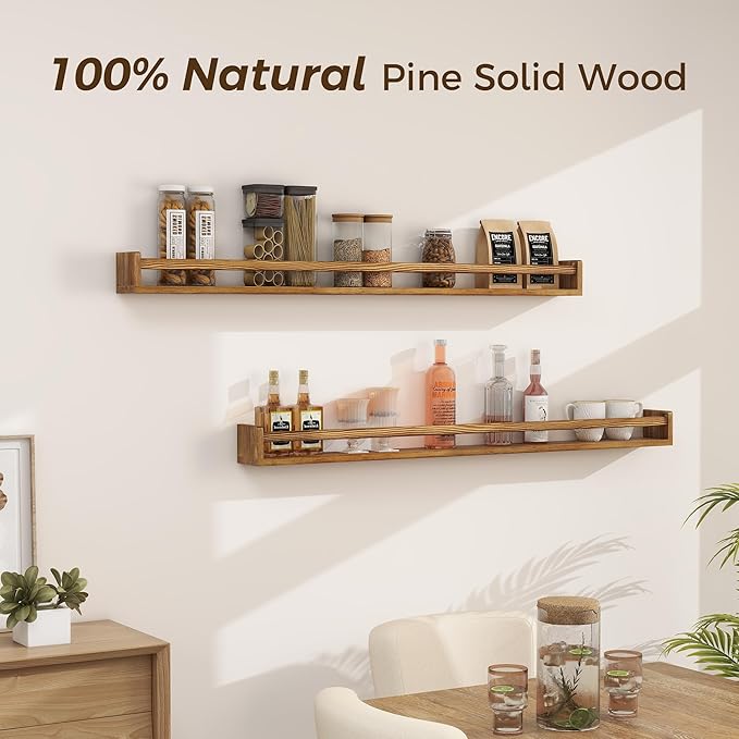 Fun Memories Nursery Book Shelves - Rustic Natural Solid Wood Floating Bookshelf for Kids - Wall Book Shelves for Kids Room (Carbonized, 48inch - 2P)