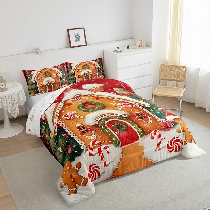 jejeloiu Kids Christmas Theme Comforter Set King Size Xmas Tree Gingerbread Man Bedding Set for Boys Girls Teens Candy Cane House Winter Happy New Year Duvet Quilt Room Decor