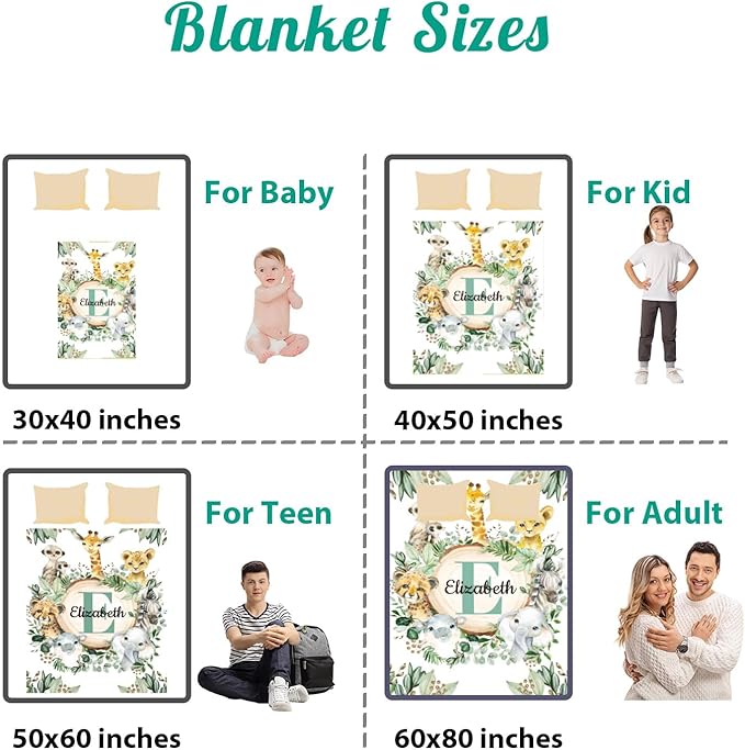 Custom Safari Animals Blanket Gift, Personalized Baby Blanket with Name, Soft Plush Flannel/Sherpa Fleece Throw Blankets for Toddler Kid Teen Boys Girls Color13