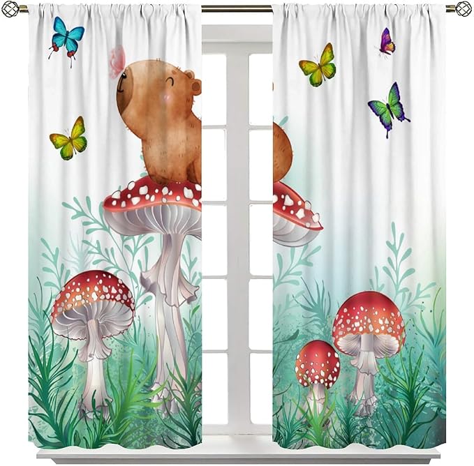 Cartoon Animals Curtains, Cute Butterfly Capybara Blackout Window Treatments, Rod Pocket Thermal Insulated Drapes 2 Panel Sets for Kids Bedroom Nursery Classroom, 42" W X 45" L