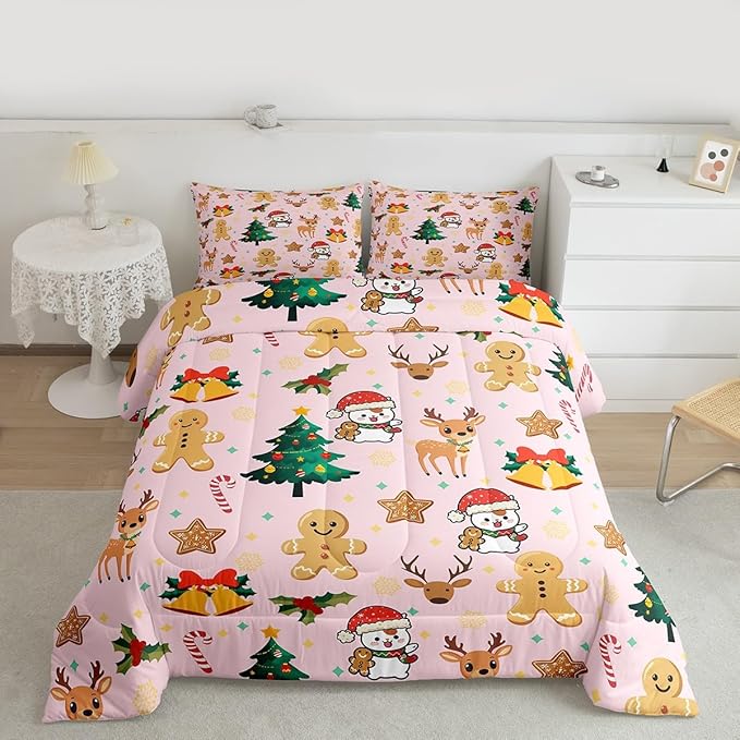 Feelyou Merry Christmas Bedding Set Soft for Boys Girls, Gingerbread Man Comforter Set Toddler Size Cute Deer Duvet Quilt Microfiber Christmas Tree 2 Pcs with 1 Pillow Cases