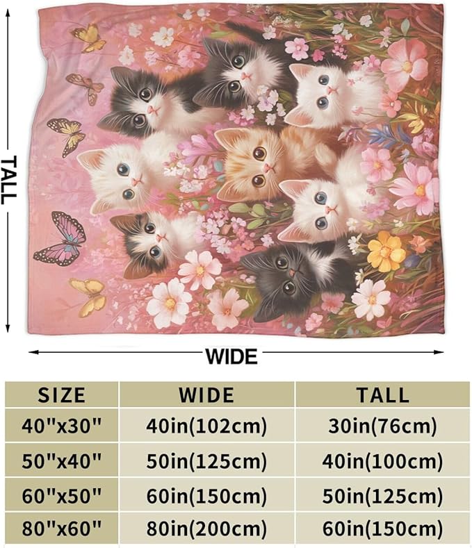 Pink Cat Blanket Funny Cats Throws Pet Animal Print Plush Fuzzy Fleece Blankets Gifts for Girls Boys Super Soft Warm Cozy Butterfly Flower Stuffed for Kids Men Women Bed Sofa Bedding 80"x60"
