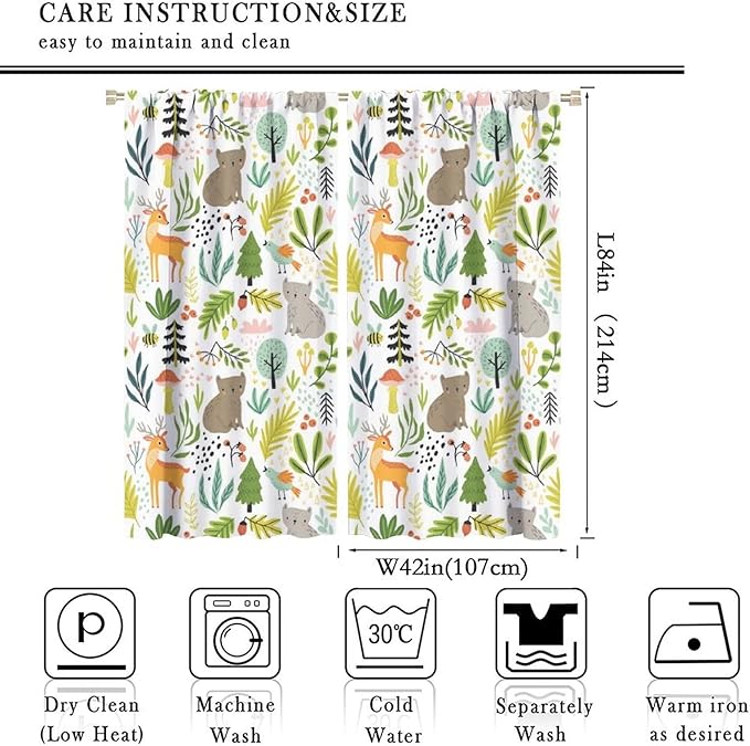 Cartoon Forest Kids Blackout Curtains,Cute Woodland Wild Animals Colorful Deer Plants Trees Print Pattern Thermal Insulation Window Drapes for Nursery Boys Girls Bedroom,White Background 84x84in